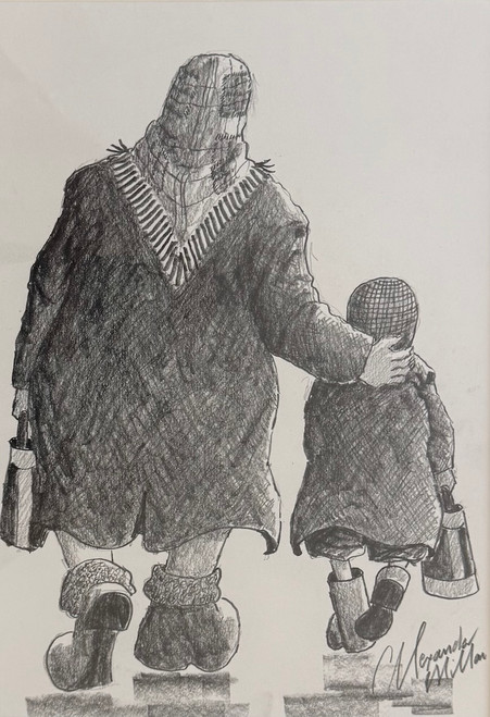 This image is of Two Hame from the Toon -  an original pencil drawing by Alexander Millar. It shows an adult woman, perhaps the mother, and a child walking away from the viewer and carrying shopping bags. The woman is dressed in a tartan headscarf and a woolly coat and heavy boots. She has her right hand on the shoulder of the child. He is wearing  what looks like a duffel coat and a balaclava. It is a black-and-white pencil drawing..