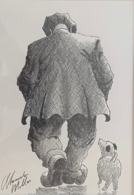 My Hero is an original pencil drawing by Alexander Millar. This image shows one of Alexander Millar's gadgie characters walking away from the view with a small dog at his side. the dog is looking up lovingly at his owner owner. This black and white pencil drawing shows the Gadgie in a baggy work suit and flat cap My Hero is an original pencil drawing by Alexander Millar. This image shows one of Alexander Millar's gadgie characters walking away from the view with a small dog at his side. the dog is looking up lovingly at his owner owner. This black and white pencil drawing shows the Gadgie in a baggy work suit and flat cap
