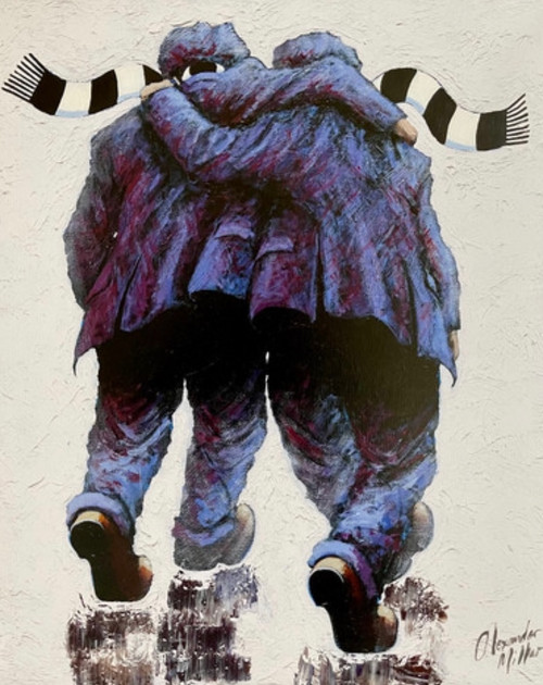Home And Away is a personalised Mono-print by Alexander Millar. It show two of his gadgie characters walking away for the view, cloth caps pulled down over their heads and black and white football scarfs flying in the wind. They have their arms around each other's shoulder, almost holding each other up. Home And Away is a personalised Mono-print by Alexander Millar. It show two of his gadgie characters walking away for the view, cloth caps pulled down over their heads and black and white football scarfs flying in the wind. They have their arms around each other's shoulder, almost holding each other up.