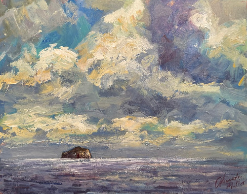 Bass Rock is an original oil painting by Alexander Millar. It show a choppy sea of grey and purples with lace billowing clouds above that reflect  the yellow sun. The cliffs of  the Bass Rock in the distance also reflects some of that watery sunlight.