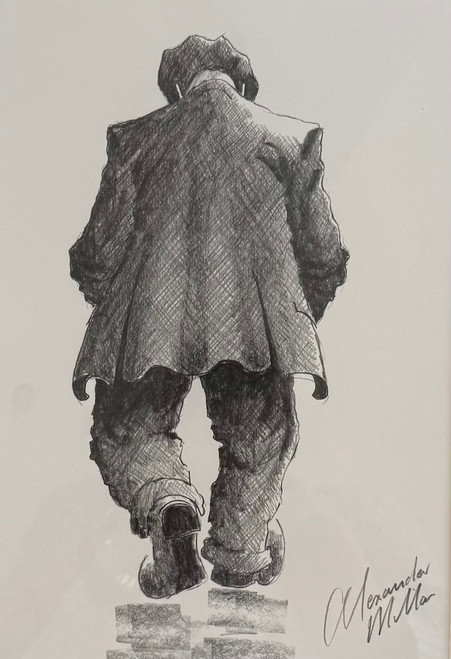 In a World of His Own is an original pencil drawing by Alexander Millar. This is an image of a working man from a bygone era. He is wearing a baggy suit and a flat cap, typical of working men from the 1920s to the 1950s. He is walking away from the viewer and it seems like he has his hands in his pockets. His head is down and his shoulders are slumped, indicating a hard day at work and the fact that he is lost in thought. It is a black and white pencil drawing In a World of His Own is an original pencil drawing by Alexander Millar. This is an image of a working man from a bygone era. He is wearing a baggy suit and a flat cap, typical of working men from the 1920s to the 1950s. He is walking away from the viewer and it seems like he has his hands in his pockets. His head is down and his shoulders are slumped, indicating a hard day at work and the fact that he is lost in thought. It is a black and white pencil drawing