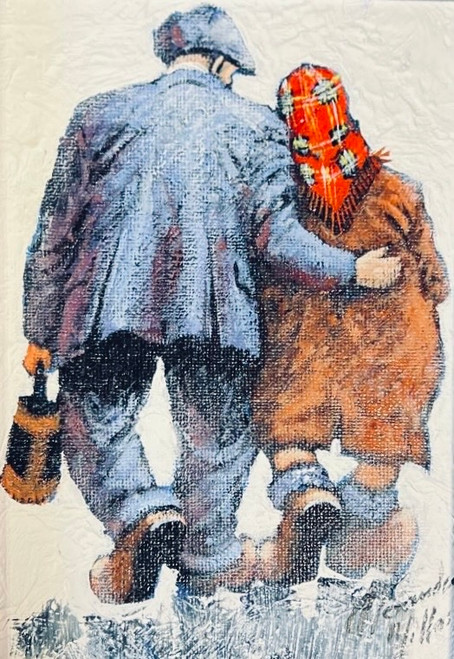 Here For You is an original oil painting from Alexander Millar's Little Gem collection. It shows a man and a woman in traditional working clothes of the 1950s, walking away from the view viewer. the man has his arm round the waist of the woman and he is carrying her shopping bag. He is waiting a shabby, working suit and a flat cap. The woman is wearing a long, brown overcoat and tartan headscarf..