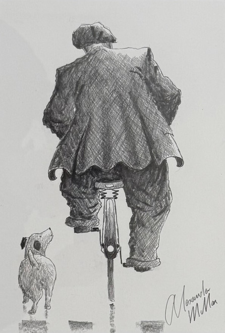 With You All The Way is an original pencil drawing by Alexander Millar. It shows a working man in typical clothes of the first half of the 20th century. He is on his old bike and is cycling away from the viewer . He has a small dog of indiscriminate breed following on his right hand side.