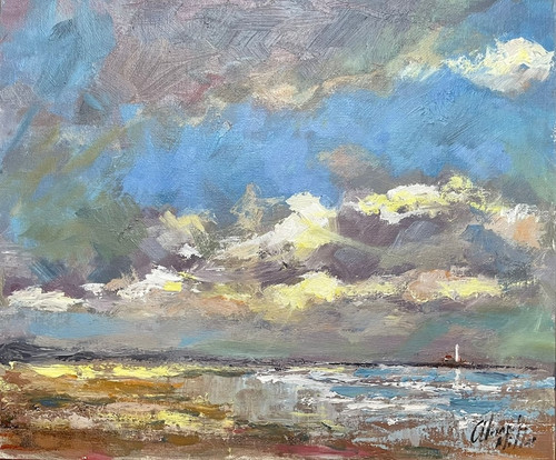 Distant Shores, St Mary's Lighthouse is an original oil painting by Alexander Millar. This is a scene with the seashore in the foreground with abstract waves washing in towards the viewer.  The white lighthouse sits  far out to the right - on a rocky island - beyond some choppy sea. Above ,there are large clouds that are grey with hints of purple, yellow  and white - the clouds  catch the watery sunlight.  Between the clouds there are  patches of blue sky.