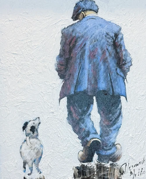 Keep Up Son  is an original oil painting by Alexander Millar. The image shows a typical Alexander Millar character walking away from the viewer here. He is wearing a dark blue work suit typical of the 1940s and 1950s. He is also wearing a flat cap. He is l walking away from the viewer and is.looking down to his left at his companion – a small dog of no particular pedigree. This black-and-white dog is looking up at the man as if they are  in conversation. The background is plain white and this makes both the man and the dog stand out more strongly within the frame.
