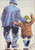 This image show Player of the Match Little Gem  original oil painting . The subjects of the painting -  a man and a child are walking away from the viewer. They are dressed in a  style typical of the 1940,s an 1950s. The man in a baggy blue suit and flat cap has his right hand on the child's shoulder and is carrying an old brown, leather football in his left hand. The child is versing what look like a born duffle coat and has a green, hand-knitted, wool balaclava on his head. He has his right arm raised as if pointing to something or describing something with his hand. The background is abstract white, which makes the subjects stand out more clearly - even though they are wearing clothes of muted colours.