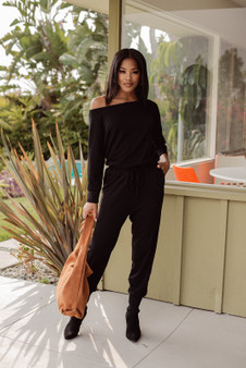 French Terry Long Sleeve Jumpsuit - Black