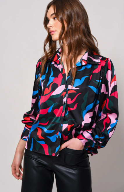 Kodie Top - Multi Squiggle Leaves Satin