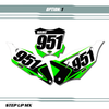 Kawasaki MECKX18 Style Number Plate Decals with White Backgrounds, Black Numbers