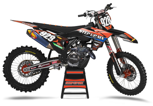 KTM Crosshatch Number Plate Decals with Black Backgrounds and White Numbers