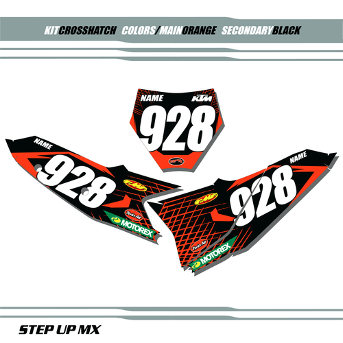 KTM Crosshatch Number Plate Decals with Black Backgrounds and White Numbers