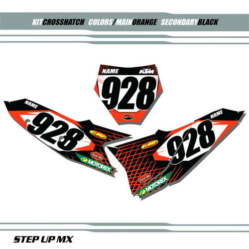 KTM Crosshatch Number Plate Decals with White Backgrounds and Black Numbers