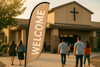 Church Welcome Feather Flag Families Arriving