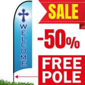 Welcome Flag - Church Feather Banner with Blue Sky and Cross Icon