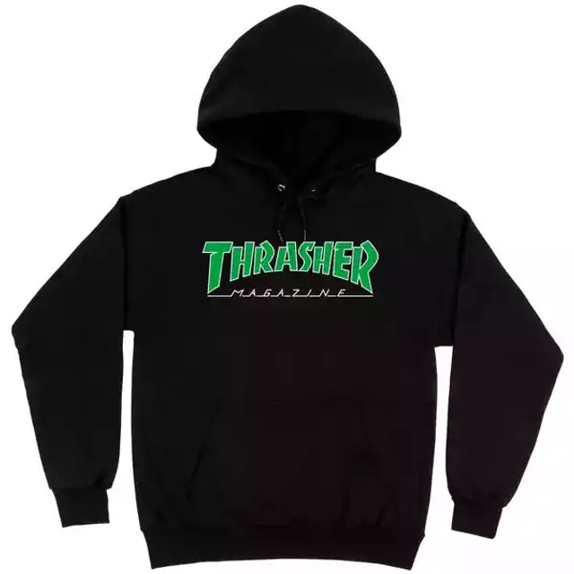 THRASHER SWEAT OUTLINED HOOD BLACK GREEN NUMERO 4 Skateshop