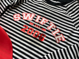 Image of a black and white striped long sleeve t-shirt and the logo “Swiftie est. 2006”in Varsity Letter and Numbers using EasyWeed Electric Red and Pearl.