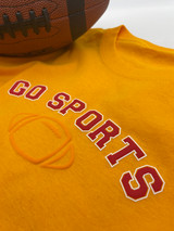 Image of yellow shirt with logo that reads "Go Sports" in Red Easy Puff outlined in White Easy Puff above and image of a football in Yellow Easy Puff.