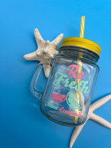 Image of a yellow topped mason jar with the logo “Re Fresh” “two slices of lemon” and “Mint Lemonade” using EasyPSV Starling Fresh Mint and Carnation Pink, alternately.