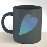 Image of a dark gray coffee mug with a logo of a “heart” using Holographic Pearl