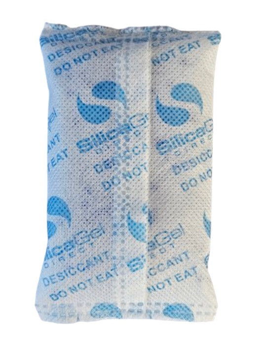 Close-up of a 50g blue and white indicating silica gel sachet