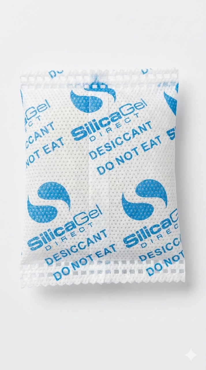 Close-up of a 25g non-woven silica gel sachet