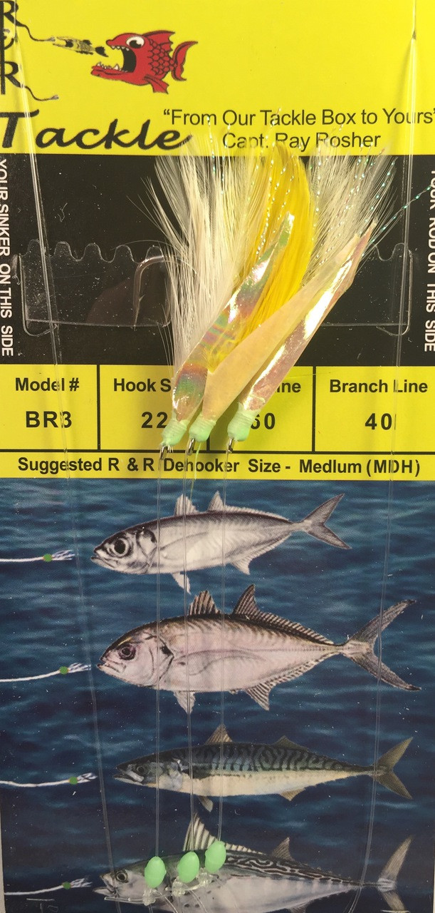 R&R Br-3 Sabiki Rig Blue Runner 3 Hk White/ Yellow Feather/ Fish Skin Size  22 Hook