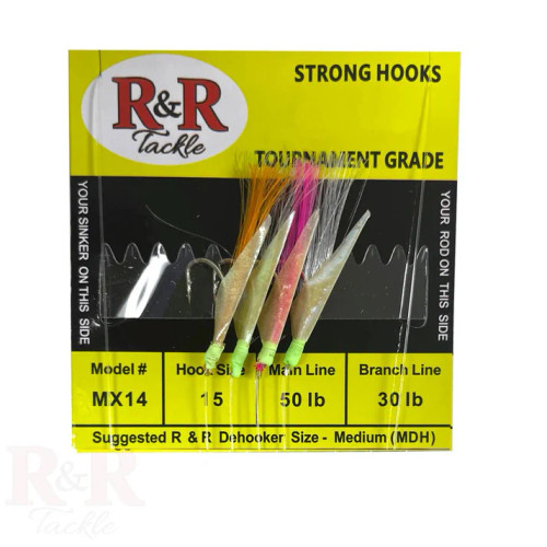 MX14 Bait Rig - 4 (size 15) hooks with multi-color nylon & fish skin