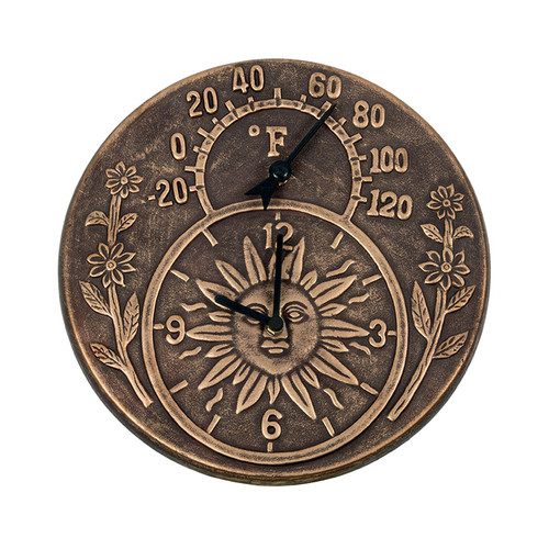 Antique Bronze Terra Cotta Clock and Thermometer, 12-Inch