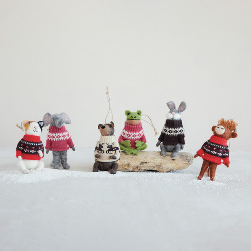 Wool Felt Animal in Holiday Sweater Ornament, Assorted 1pc