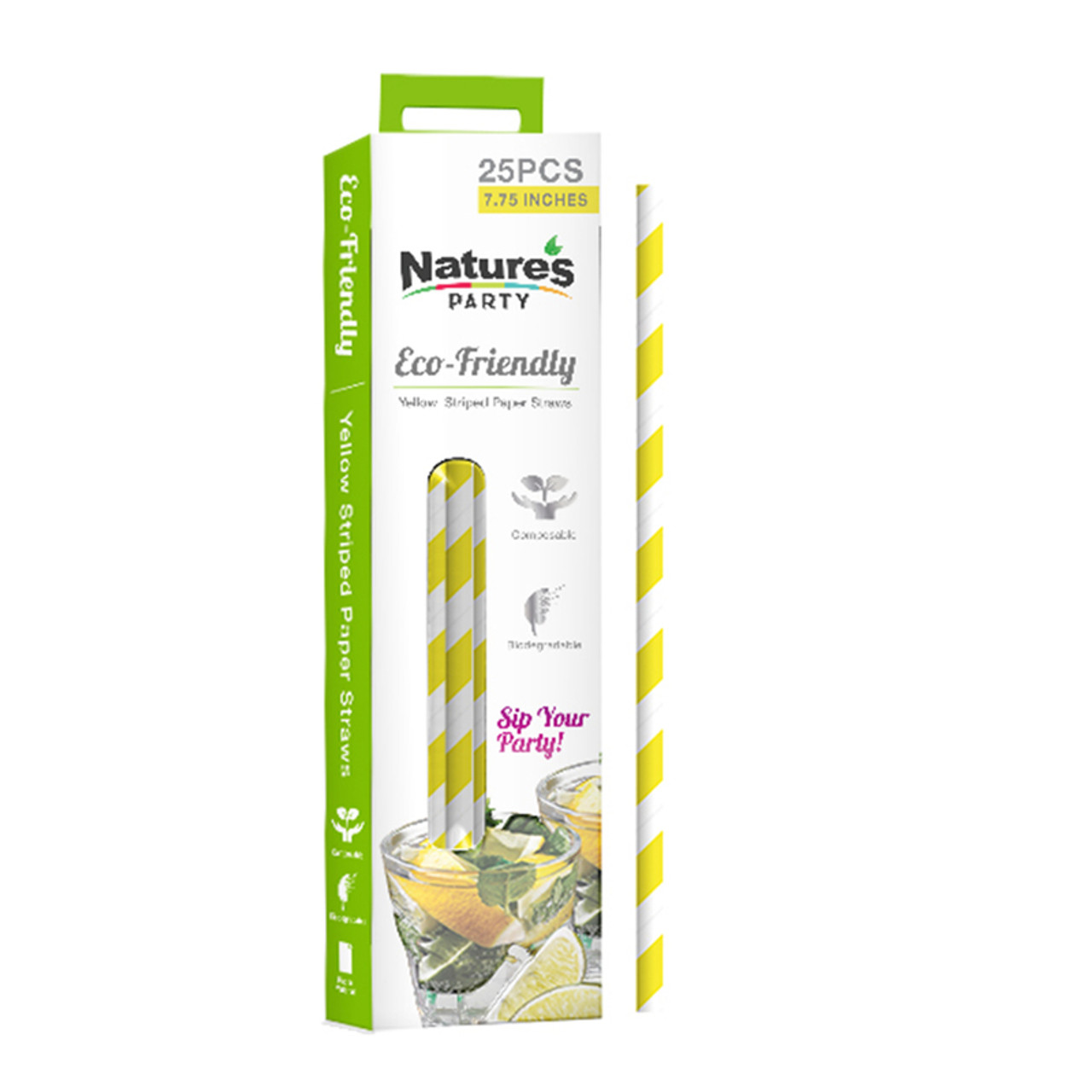 Durable Yellow & White Striped Paper Straws Unwrapped - Dia:.23in L:7.75in