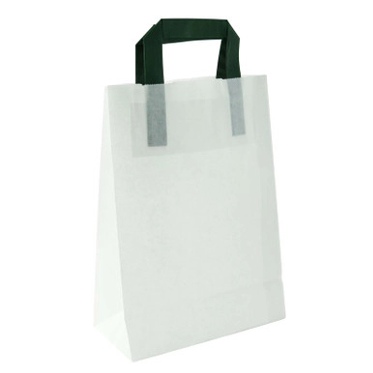 White recycled paper carrier bag with green handles - W:7.9in Gusset:4in H:11in - 250 pcs White recycled paper carrier bag with green handles - W:7.9in Gusset:4in H:11in - 250 pcs