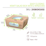 Easy Closing Kraft Salad Box with 2 Windows - 16oz L:4.1in W:3.7in H:1.8in - 100 pcs