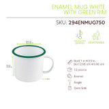 Enamel reusable mug white w/green rim - 25oz D:5.1in H:3.9in - 12 pcs