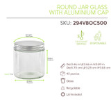 Round reusable jar glass with aluminium cap - 17oz D:3.46in W:3.66in H:3.89in - 40 pcs