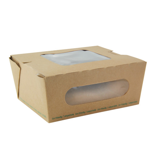 Easy Closing Kraft Compostable Salad Box with 2 Windows - 38oz L:5.9in W:5.3in H:2.5in - 200 pcs