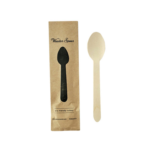 Wooden Spoon Wrapped in Paper Wrapper - L:6.2in W:1.95in - 500 pcs