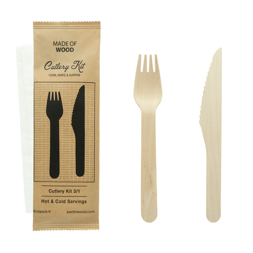 Wooden Cutlery 3/1 kit (Knife + Fork + Napkin) - L:6.2in - 250 pcs