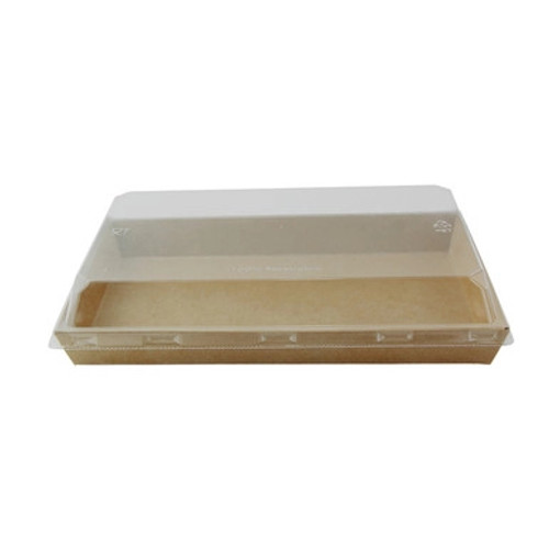 Sushi box in kraft with PET lid - 26oz Base: L:8.7in W:5.3in H:1in Lid: L:9in W:5.7in H:1.2in - 300 pcs Sushi box in kraft with PET lid - 26oz Base: L:8.7in W:5.3in H:1in Lid: L:9in W:5.7in H:1.2in - 300 pcs