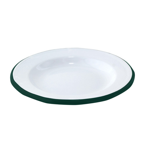 Enamel reusable plate white w/green rim - D:7.1in H:1in - 12 pcs