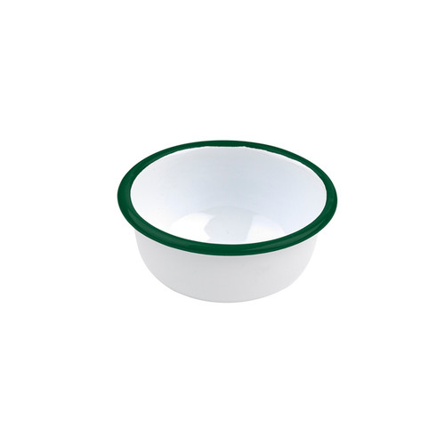 Enamel reusable deep bowl straight side white w/green rim - 10oz D:4.5in H:2in - 12 pcs