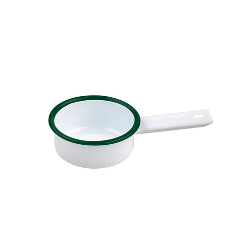 Enamel reusable mini saucepan white w/green rim - 3oz D:3.14in H:1.18in - 12 pcs