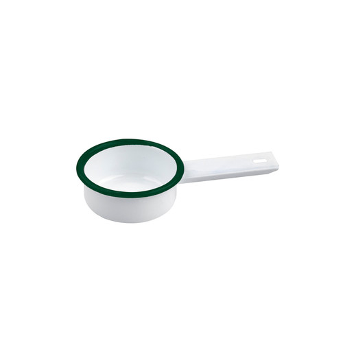 Enamel reusable mini saucepan white w/green rim - 2oz D:2.75in H:1.14in - 12 pcs