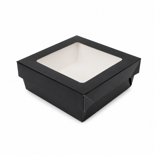 Black Kray Boxes with PET Window Lid - 22oz L:4.7in W:4.7in H:2in - 250 pcs