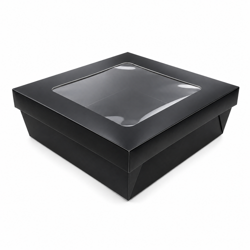 Bakeable Black Kray Box with PET Lid - 100oz L:7.9in W:7.9in H:2.6in Up to 350F(Base Only) - 100 pcs
