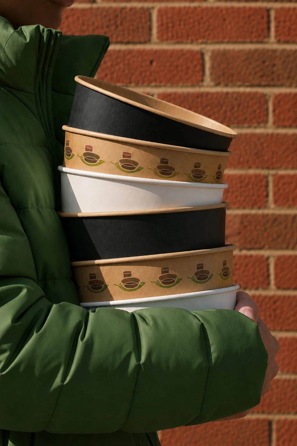 Stack of custom printed PacknWood bowls