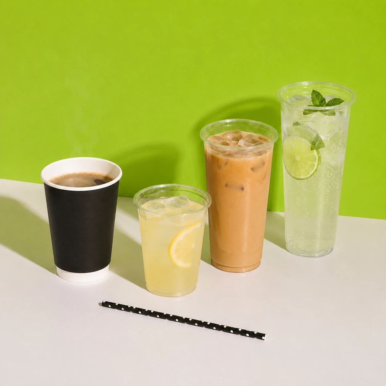 Packnwood cups with iced coffee, lemonade and soda