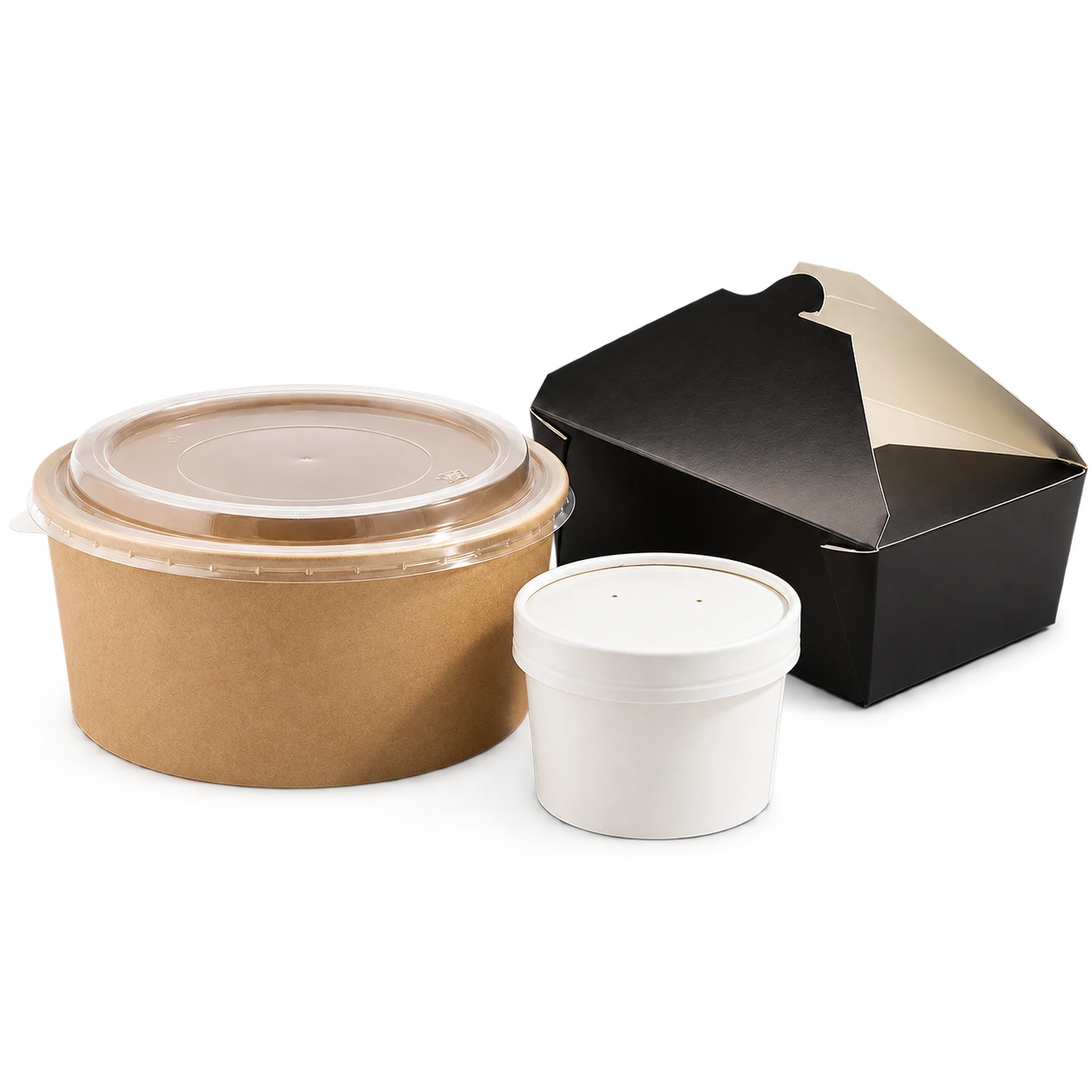 Packnwood takeaway box, soup cup and kraft bowl with clear lid
