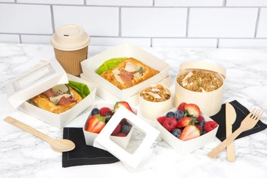 White Kray Boxes with PET Window Lid - 60oz L:7.1in W:7.1in H:2in - 200 pcs White Kray Boxes with PET Window Lid - 60oz L:7.1in W:7.1in H:2in - 200 pcs