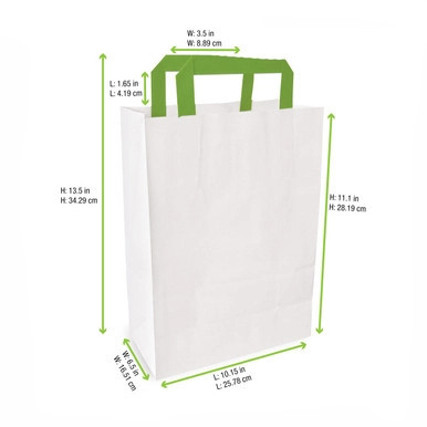 White Paper Bag with Green Handles - W:10.3in Gusset:6.6in H:11in - 250 pcs White Paper Bag with Green Handles - W:10.3in Gusset:6.6in H:11in - 250 pcs