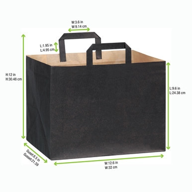 Large & Wide Black Paper Bag with Handle - W:12.5in Gusset:8.7in H:9.65in - 250 pcs Large & Wide Black Paper Bag with Handle - W:12.5in Gusset:8.7in H:9.65in - 250 pcs